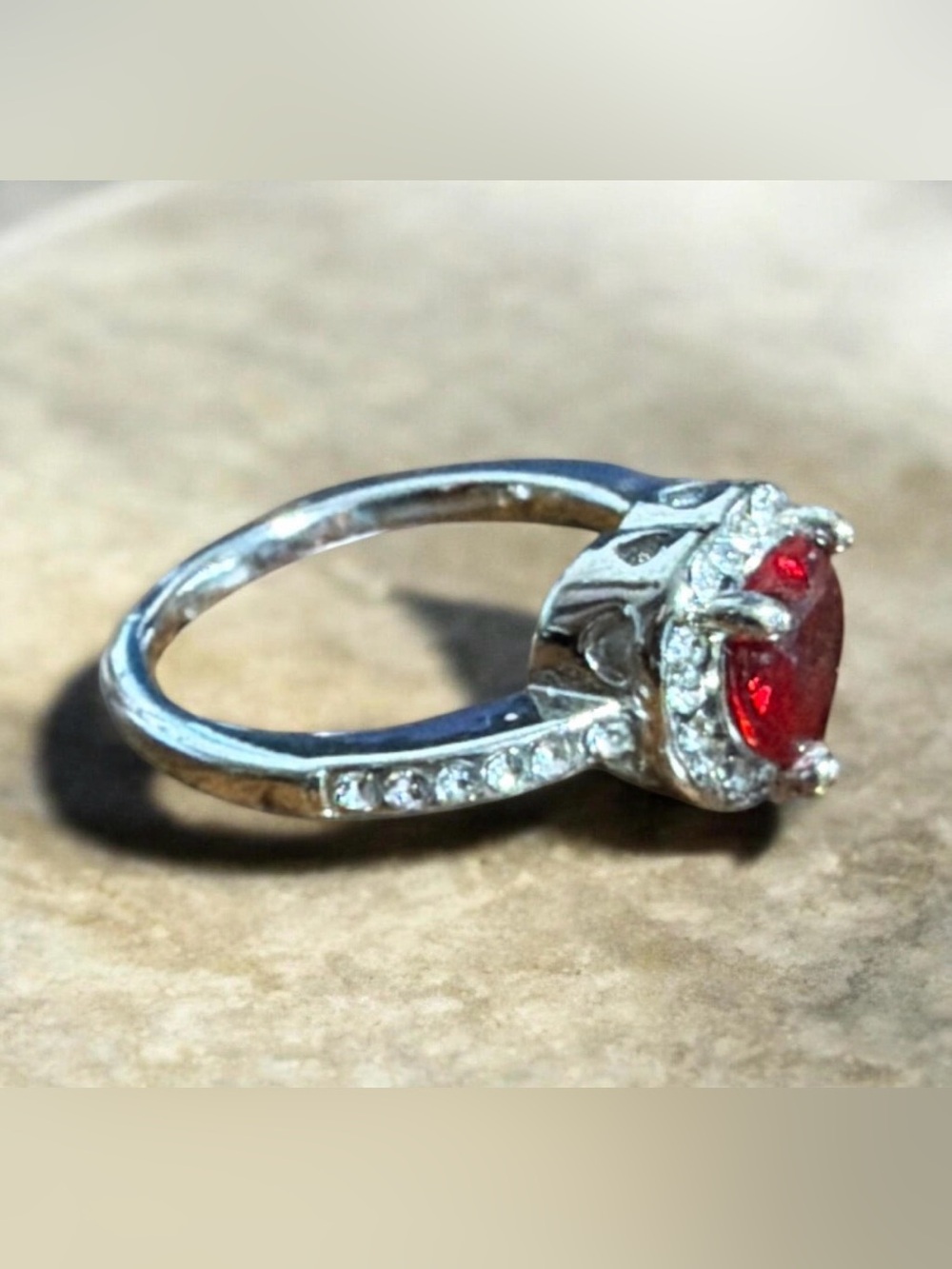Heart Halo Red CZ Ring Silver Tone Solitaire Band Size 8 NEW